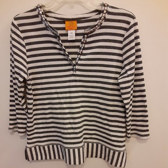 Ruby Rd. Tops - Ruby Rd. Petite Medium Grey & White Striped Top w.Silver Nougats on V Neckline.